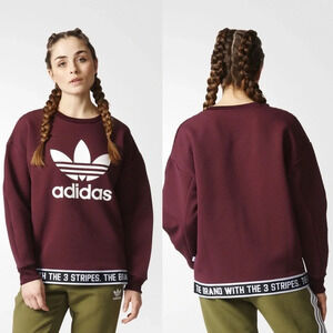 Adidas Maroon White Trefoil 3 Stripes Banded Sweatshirt Top Women's Size Small